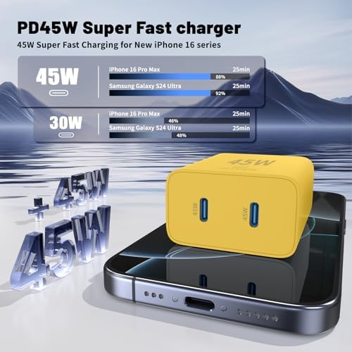 Ultimate Fast Charging Solution for i Phone 16/15 Pro Max – 45 W Dual Port USB-C Charger Block (2-Pack) with Extra Long 60 W Cables – PD Quick Adapter 3.0 for Enhanced Device Compatibility and Speed – Perfect for Home or On-the-Go Charging