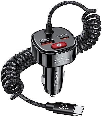 Unleash Rapid Power on the Road: Syncwire 66 W USB C Car Charger with Advanced Battery Leakage Prevention, Features 6 FT Coiled Type C Cable, Perfect for i Phone 16/15, Samsung Galaxy, Google Pixel, i Pad Pro – Fast Charging Adapter for All USB-C Devices