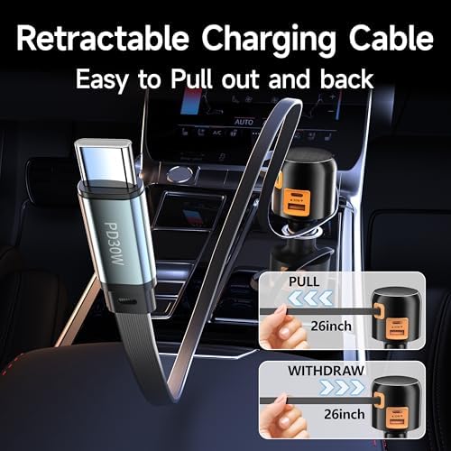Effortless Charging on the Go: Retractable 60 W USB C Car Charger for i Phone 16, i Pad, Pixel & More – Compact Fast Charge Solution with Built-In Retractable Cable for Enhanced Compatibility and Clutter-Free Storage