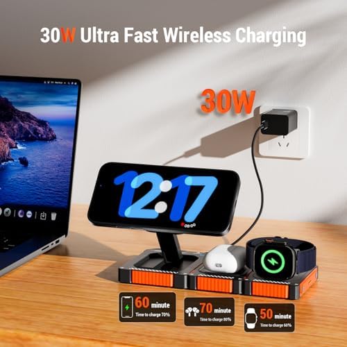 Versatile 3-in-1 Travel Wireless Charging Station – Fast 30 W Apple-Compatible Charger for i Phone 16/15/14/13/12 Pro Max, Watch Series 10/9/8/7/6/5/4/3/Ultra & Air Pods Pro – Compact Detachable Design for Home & On-the-Go Convenience