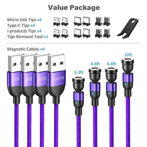 Revolutionary 3-in-1 Magnetic Charging Cable Set – 4 Pack with 540° Rotating Magnet (3.3 ft, 6.6 ft, 6.6 ft, 10 ft) – Durable Nylon Braided USB Cables Compatible with Micro, Type C, and i Phone Devices for Fast, Hassle-Free Charging and Ultimate Convenience