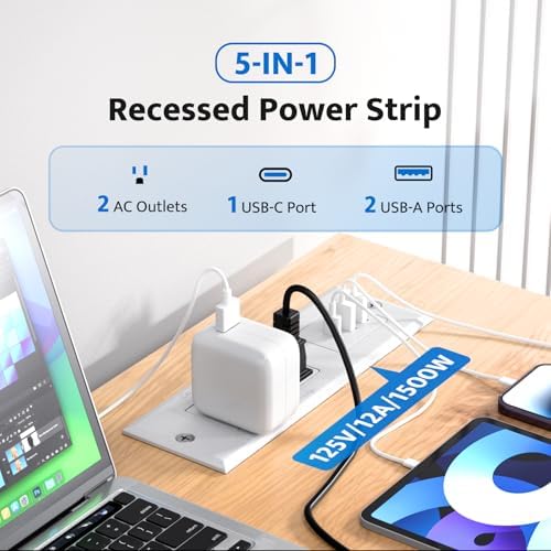 DOACE Space-Saving Recessed Power Strip with USB-C Fast Charging – Dual AC Outlets & Three USB Ports, 6 ft Cord for Effortless Connectivity in Home & Conference Settings – Clutter-Free, Efficient Power Solution for Modern Workspaces