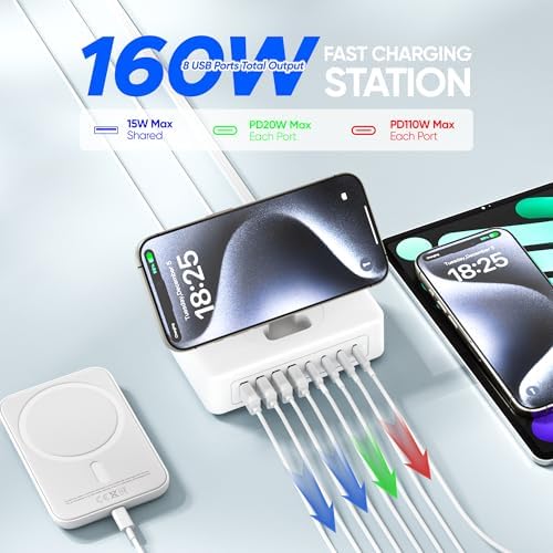11-in-1 USB C Power Strip Charging Hub by ACOZVIN – 115 W Multi-Device Fast Charger with 2 AC Outlets, 4 USB-A & 4 USB-C Ports, 5 FT Flat Plug Cord for Mac Book, i Phone 16/15/14 – Ideal Desktop Solution for Home & Office Power Needs