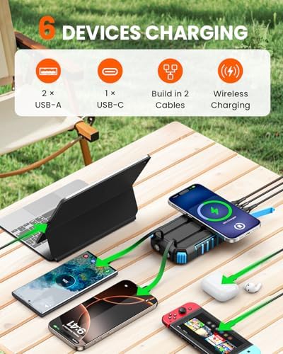 Riapow 27,000 m Ah Solar Power Bank – Ultra-Fast 22.5 W Wireless Charger with Built-in Cables for 6 Devices, Ideal for Outdoor Adventures and Emergency Power Needs – Charge i Phone 16 to 65% in 30 Minutes with High-Capacity Battery and Efficient PD 3.0 Technology – Stay Connected Anywhere, Anytime