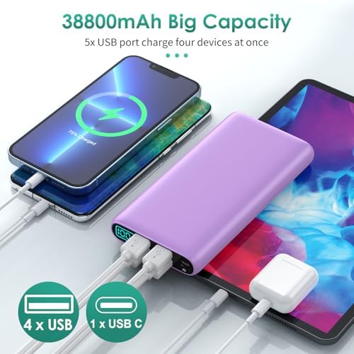 High-Capacity 38800 m Ah Portable Power Bank with LCD Display – Multi-Device Charger Featuring 5 USB Outputs and USB-C Connectivity for Fast Charging – Ideal for i Phone 16/15/14/13 Pro, Samsung Galaxy, Pixel, and Nexus – Ultimate On-the-Go Charging Solution in Blue