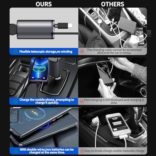 Compact 4-in-1 Retractable Car Charger by ANSCYK – 60 W Fast Charging with Lightning & USB-C Cables for i Phone, Galaxy, Pixel – Sleek Design & Enhanced Compatibility for Effortless On-the-Go Power Solutions