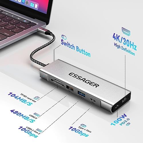ESSAGER 8-in-1 USB C Hub with M.2 NVMe/SATA SSD Enclosure – 10 Gbps Data Transfer, 4 K HDMI 1.4 Output, PD100 W Fast Charging, Aluminum Alloy Design for Mac mini M1, M2, M3, M4 – Premium Performance and Versatile Connectivity Solution