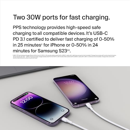 Belkin 65 W Dual USB-C Fast Charger Block – Super Charging PD3.0 with Ga N Efficiency for i Phone 16, Samsung Galaxy S25, Mac Book & More – Dual Port Power Adapter for Rapid Device Charging – Sleek White Design for Modern Aesthetics – Ideal for Multitasking and On-the-Go Lifestyle