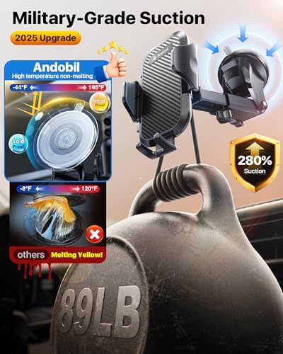 andobil Military-Grade Car Phone Holder Mount – Bumpy Road Resilient Dashboard & Windshield Universal Phone Holder for i Phone 16 Pro Max, 15, 14, 13 & Samsung Devices – Enhanced Stability, 360-Degree Rotation, and Easy Access to Navigation and Calls