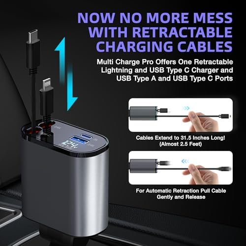 Ultimate Multi Charge Pro 120 W Car Charger – Fast Charging Retractable USB-C & Lightning Adapter for i Phone, Samsung, Tablets | 4-Port Universal Compatibility for Efficient On-the-Go Power Solutions