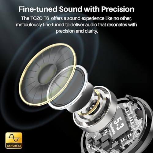 TOZO T6 Bluetooth 5.3 Wireless Earbuds – Immersive Stereo Sound, 50-Hour Playtime, IPX8 Waterproof Design, Customizable EQ via App, Ergonomic Fit – Ideal for Active Lifestyles and Seamless Connectivity