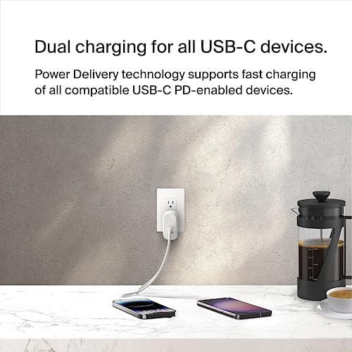 Belkin 65 W Dual USB-C Fast Charger Block – Super Charging PD3.0 with Ga N Efficiency for i Phone 16, Samsung Galaxy S25, Mac Book & More – Dual Port Power Adapter for Rapid Device Charging – Sleek White Design for Modern Aesthetics – Ideal for Multitasking and On-the-Go Lifestyle