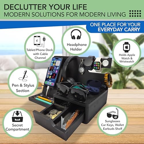 Nightstand Organizer – Bedside Docking Station for Men -Unique Gifts for Husband, Father or Dad from Wife, Son or Daughter -Desk Organizer for Phone, Watches & Accessories (Rustic) – Enhanced Compatibility and Speed