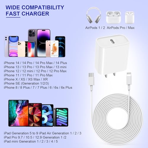 Experience Unmatched Speed with the 20 W Apple Fast Charger & 10 FT Lightning Cable – Ultra-Long Cord for Optimal Convenience and Rapid Charging for i Phone 14/13/12/11/X/XR/SE & i Pad – Enhanced Compatibility for All Your Devices – Perfect Travel Companion!