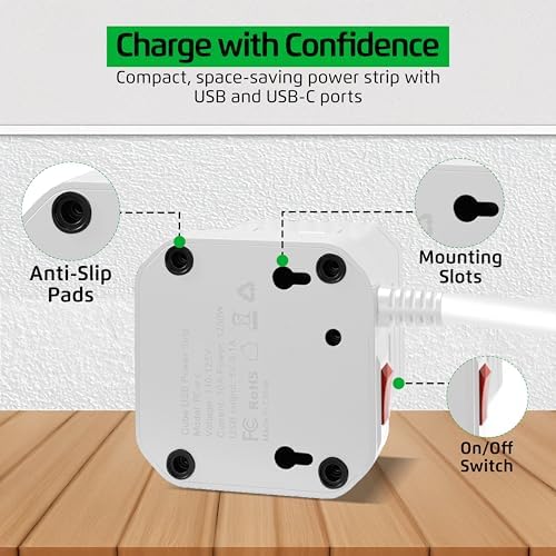 Uncaged Ergonomics Cube Power Strip with 10 ft Extension Cord – Surge Protected Charging Station Featuring 5 AC Outlets, 3 USB Charging Ports (1 USB-C Fast Charger) and On/Off Switch for Ultimate Convenience and Safety