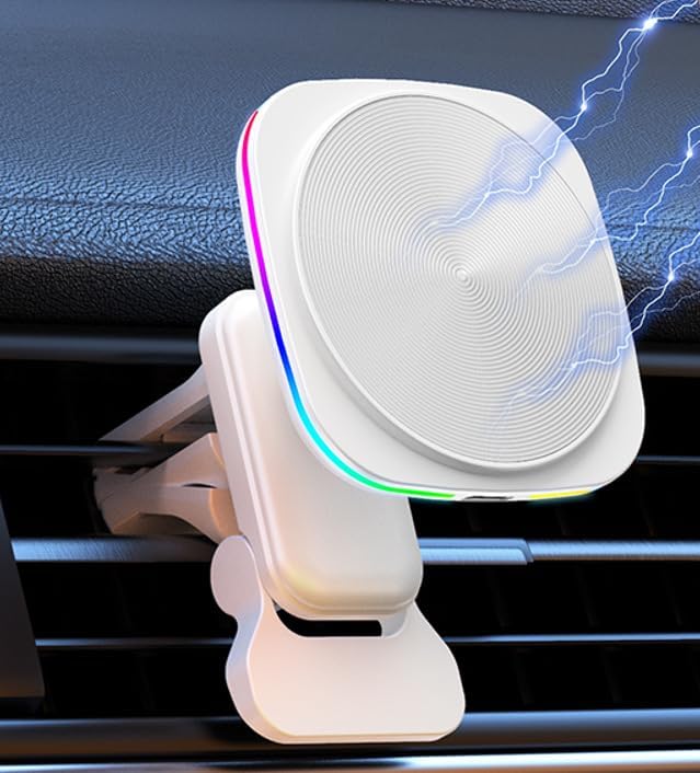 15 W Fast Magnetic Wireless Car Phone Mount for i Phone 12-15 Series – Sleek Automotive Charger Holder with One-Handed Operation and Blue Light Indicator for Safe Navigation and Quick Power-ups – Essential Driving Accessory