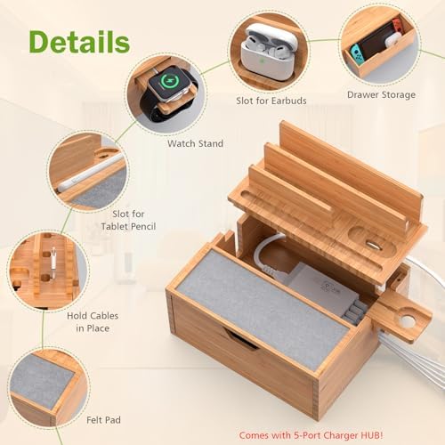 Pezin & Hulin Eco-Friendly Bamboo Multi-Device Charging Station: Elegant Nightstand Dock with Integrated Power Charger, USB Hub & Storage Drawer – Fast Charging for Phones & Tablets, Stylish Organizer for Modern Spaces