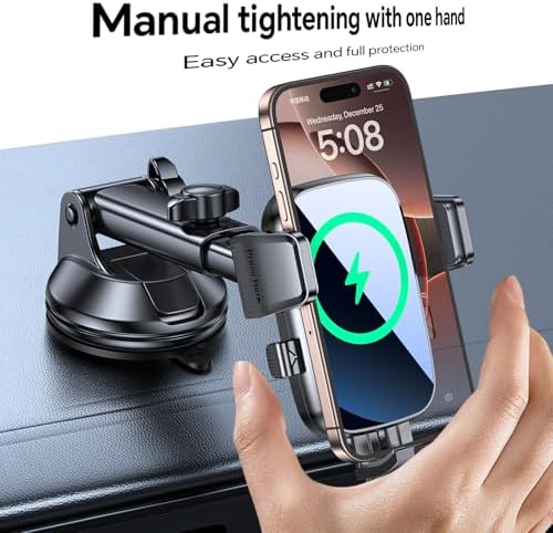Kaistyle Advanced Wireless Car Charger Mount with Enhanced Suction & Clip System – Fast Qi Charging Holder for i Phone 16/15/14/13 Pro Max & Samsung Smartphones – Ultimate Stability & Accessibility for All Qi-Enabled Devices – Safe Hands-Free Operation for Streamlined Driving Experience