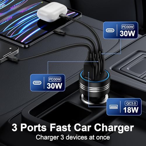 Samsung Galaxy S25 Edge 78 W 3-Port Car Charger – Ultra-Fast USB C Cigarette Lighter Adapter for Galaxy S25 Ultra, A16, S24, S23, i Phone 15 Pro Max – Triple Device Charging with Overheat Protection for Ultimate Travel Convenience