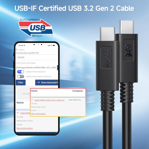 Experience Unmatched Performance with Cable Matters USB-IF Certified 10 Gbps Gen 2 USB C to USB C Cable – 3.3 ft, Supports 4 K@60 Hz Video, 100 W Fast Charging, and High-Speed Data Transfer for Seamless Connectivity and Enhanced Compatibility