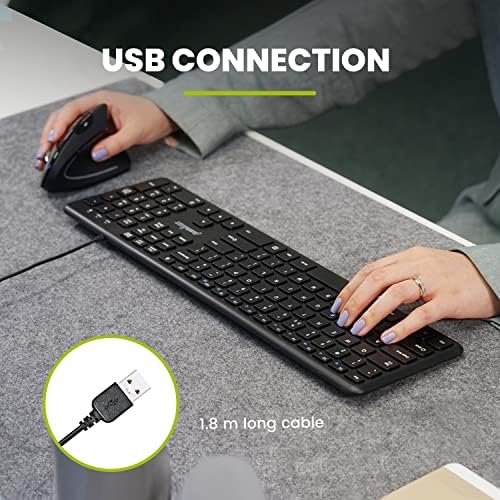 Perixx PERIBOARD-210 Wired Full-Size USB Keyboard – Ultra-Quiet Scissor Keys for Effortless Typing on Desktop, Laptop, and Tablet – Sleek Black Design with Enhanced Compatibility and Ergonomic Comfort