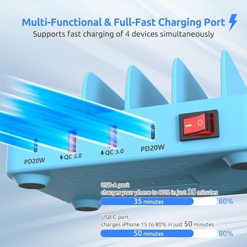 Purple 4-Port Fast Charging Station – Multi-Device USB Organizer Dock for i Phones, i Pads, Kindle Tablets, and More – Efficient Power Management with Enhanced Safety Features and Sleek Design for Home and Office Use
