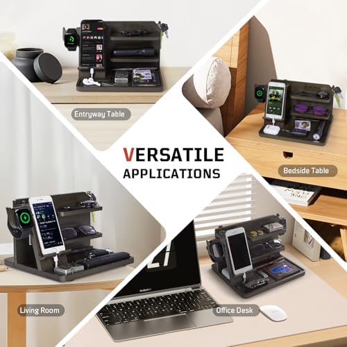 Nightstand Organizer, Wood Phone Docking Station with Adjustable Rack, Bedside Desk Organizer, EDC Tray for Men, Dads, Husbands – Ideal for Anniversaries and Birthdays – Dark Brown – Enhanced Compatibility and Speed