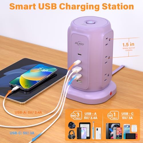 Maximize Your Power Potential with Ai Joy’s Space-Saving Flat Plug Power Strip Tower – 9 Outlets & 5 USB Ports (2 USB-C) for Rapid Charging, 1200 Joules Surge Protection, 6.5 Feet Extension Cord – Ideal for Home, Office, and Dorm Use – Durable, Efficient, and Compact Design for Uncluttered Charging Solutions