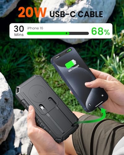 Riapow 27,000 m Ah Solar Power Bank – Ultra-Fast 22.5 W Wireless Charger with Built-in Cables for 6 Devices, Ideal for Outdoor Adventures and Emergency Power Needs – Charge i Phone 16 to 65% in 30 Minutes with High-Capacity Battery and Efficient PD 3.0 Technology – Stay Connected Anywhere, Anytime