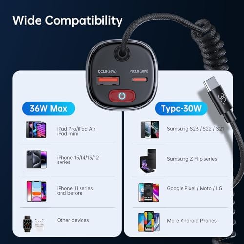 Unleash Rapid Power on the Road: Syncwire 66 W USB C Car Charger with Advanced Battery Leakage Prevention, Features 6 FT Coiled Type C Cable, Perfect for i Phone 16/15, Samsung Galaxy, Google Pixel, i Pad Pro – Fast Charging Adapter for All USB-C Devices