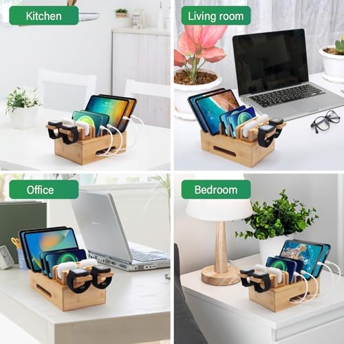Eco-Friendly Bamboo Charging Station: 5-Port USB Docking Hub with 6 Cables for Multi-Device Organization – Stylish Wood Charger for Cell Phones, Tablets, Earphones, and Smartwatches – Streamlined Power Solution for Home and Office