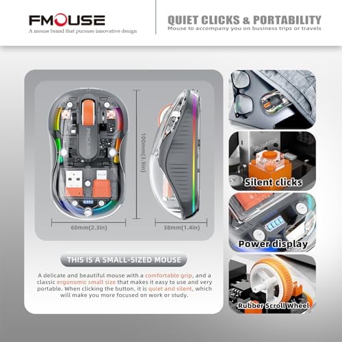Sleek Dual Connectivity Transparent Wireless Mouse – Rechargeable RGB with USB-C Receiver for Mac Book & Laptops, Compact Design with Cool LED Lights, Silent Operation, and Magnetic Cover for Enhanced Portability – Orange