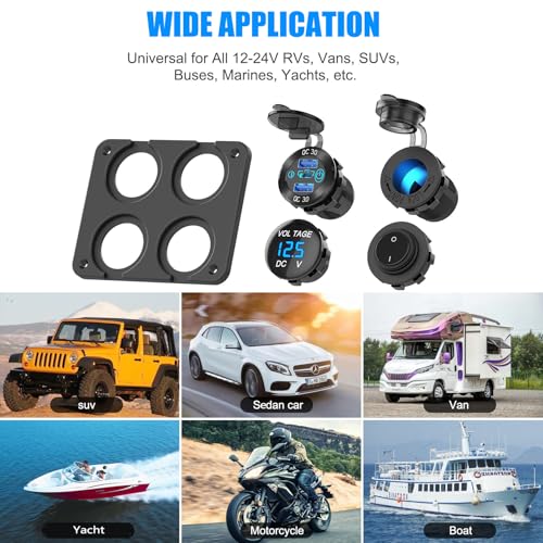 Transform Your Charging Experience with the 12 Volt USB Outlet RV Accessory – Dual PD30 W & QC18 W Ports, 150 W Cigarette Lighter Socket, Integrated Blue LED Voltmeter, and Rocker Switch for Seamless Operation – Durable Aluminum 4 IN 1 DIY Kit for RV and Marine Adventures