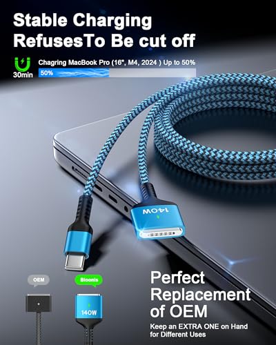 140 W Magnetic USB-C to Mag Safe 3 Charger for Mac Book Pro & Air – 6 Feet Long Fast Charging Cable for Enhanced Performance and Compatibility – Ideal for 16/14 Inch Mac Book Pro and 15/13 Inch Mac Book Air – Durable, Reliable Power Solution for On-the-Go Users