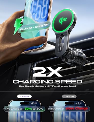 LISEN Qi2 15 W Mag Safe Car Mount Charger – Fast Wireless Charging Solution for i Phone 16 Pro Max, 15/14/13 Mini & Samsung Devices – Secure Magnetic Vent Holder for Hands-Free Navigation – Sleek, Durable Design for Enhanced Driving Convenience