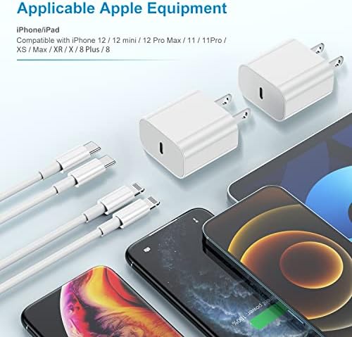 Ultimate 20 W Fast Charging Solution: Apple Certified 6 ft USB-C to Lightning Cable with High-Speed Charger Block – Ideal for i Phone 14 Pro Max, 13 Plus, 12 Mini, 11 & i Pad – Convenient 2-Pack for Home and On-the-Go Use