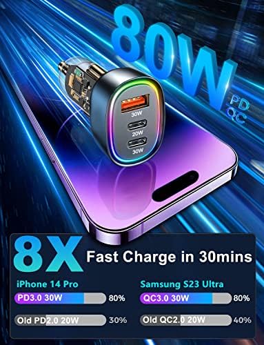 Ultra-Fast USB C Car Charger – 80 W Triple Port Adapter with Dual PD3.0 & QC30 Technology for Rapid Charging of i Phone 16, Samsung Galaxy S24, Google Pixel & More – Essential Travel Companion for Multi-Device Power Needs