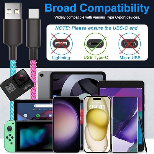 Elevate Your Charging Game with 2 Packs 66 W LED Light Up USB C Charging Cable – Vibrant RGB Flowing Lights for Quick Charge Compatibility with i Phone 15/16 Pro Max/Plus, Samsung Galaxy S24/S23, LG and More Android Devices (3.3 FT) – Durable Braided Design for Enhanced Longevity and Style
