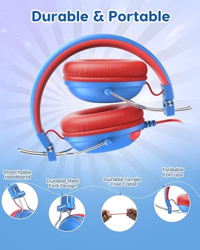 Safeguard Your Child’s Hearing with Durable Wired Headphones Featuring Volume Limiting Technology – Comfortable On-Ear Fit for Extended Use in School, Travel, and Entertainment – Enhanced Stereo Sound with 3.5 mm Compatibility – Available in Eye-Catching Blue and Red for Boys and Girls