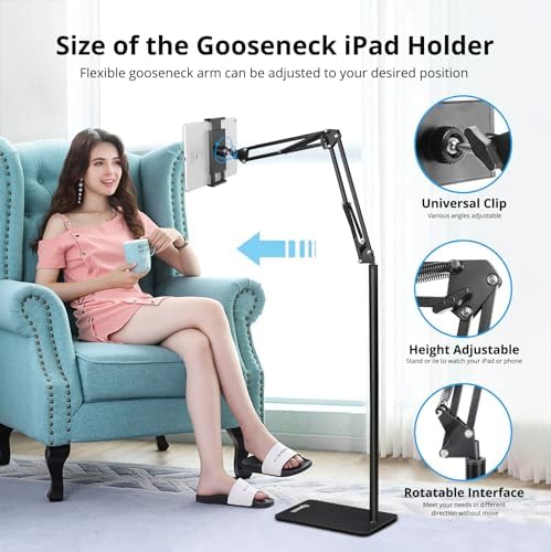Universal Adjustable Tablet Floor Stand – Versatile 360-Degree Rotating Metal Holder for i Pads, i Phones, and Kindles (4.5-12.9″) – Optimize Your Workspace with a Sturdy, Lightweight Design for Effortless Hands-Free Viewing in Any Setting