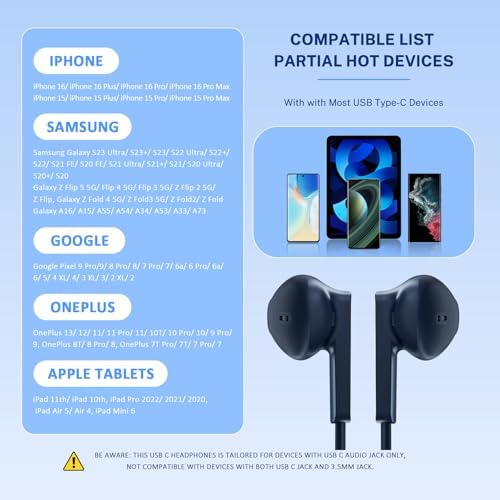 USB C Headphones – Type C Earbuds for i Phone 15/16 Pro Max and Samsung Galaxy S25 – Noise Isolation Stereo Wired Earphones with Built-in Microphone for Enhanced Audio Quality and Comfort – Perfect for Music Lovers and Podcast Enthusiasts – Ergonomic Design for Long-lasting Wear – Compatible with Android and i OS Devices