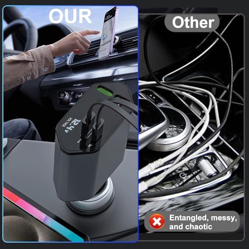 Ultimate Retractable Car Charger with Dual Built-in USB-C & Lightning Cables – PD/QC3.0 Fast Charging for i Phone 16/15, Samsung Galaxy & All 12-24 V Vehicles – Sleek Design, Maximum Portability & Enhanced Device Compatibility for Tech-Savvy Users