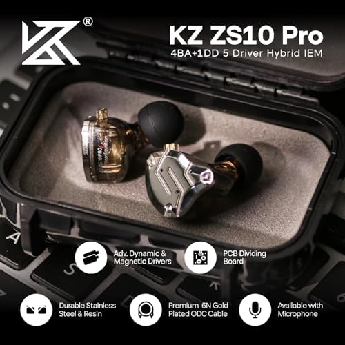 Linsoul KZ ZS10 Pro Hybrid IEM Earbuds – 4 BA + 1 DD High-Fidelity Wired In-Ear Monitors with Stainless Steel Faceplate and Detachable Cable, Ideal for Musicians and Gamers with Built-in Mic, Unmatched Sound Clarity and Versatile Compatibility