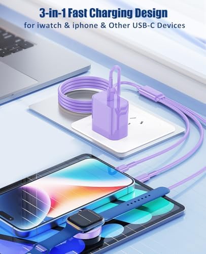 Ultimate 3-in-1 Fast Charging Cable for Apple Devices – 20 W USB-C Charger with 6 FT Length for Seamless Compatibility with Apple Watch Ultra2/SE/10/9/8/7/6/5/4/3 & i Phone 15/16 Pro Max/14/13/12/11 – Elegant White Design for Effortless Organization and Rapid Charging Efficiency