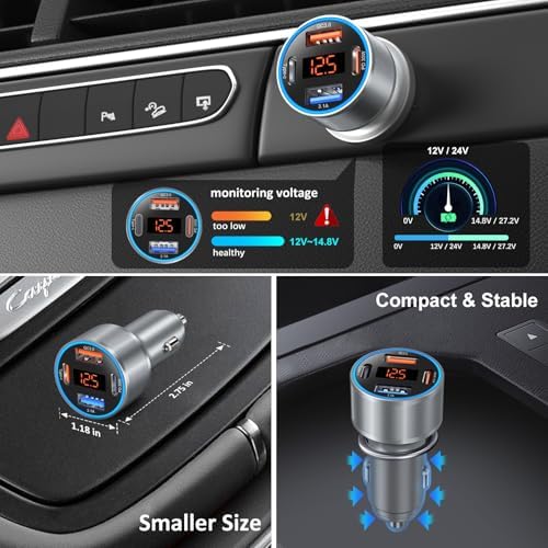 65 W 4-Port USB C Car Charger – Dual USB-A & USB-C Cigarette Lighter Adapter with Built-in Voltmeter for Safe Fast Charging – Ideal for i Phone 16/15/14/13/12/11 Pro Max and Android Devices – Travel Essential Accessory for High-Speed Power Supply