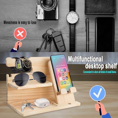 Stylish Wood Nightstand Organizer for Men – Elegant Beige Phone Docking Station & Desk Accessory with Dedicated Compartments for Keys, Wallets, Glasses – Practical Gift Idea for Birthdays & Special Occasions – Enhance Your Bedroom Aesthetics & Simplify Your Nightly Routine