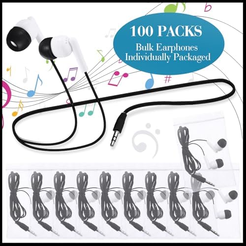 Kanayu 100 Pack Classroom-Ready Wired Earbuds – High-Quality 3.5 mm Jack Earphones for Enhanced Student Learning, Individually Packaged for Quick Distribution, Lightweight Comfort for Focused Educational Experiences