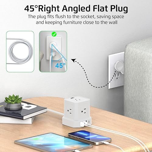 Uncaged Ergonomics Cube Power Strip with 10 ft Extension Cord – Surge Protected Charging Station Featuring 5 AC Outlets, 3 USB Charging Ports (1 USB-C Fast Charger) and On/Off Switch for Ultimate Convenience and Safety