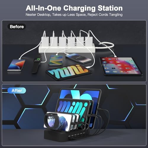 MSTJRY 90 W 6-Port USB C Fast Charging Station – Multi-Device Power Hub with Adjustable Organizers for i Phone, i Pad, Tablets & More – High-Speed PD Charger Dock for Home, Office & Classroom Efficiency
