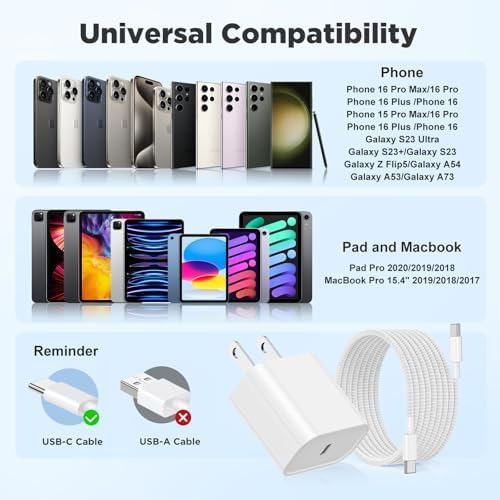 Rapid Charge 3-Pack USB-C Fast Charger Kit for i Phone 15 & 16 Pro Max – 20 W Power Blocks with Robust 6 ft & 10 ft Braided Cables – Ultra-Fast Charging Solution for i Pad Pro 13/12.9 – Sleek, Portable Wall Charger for Everyday Convenience